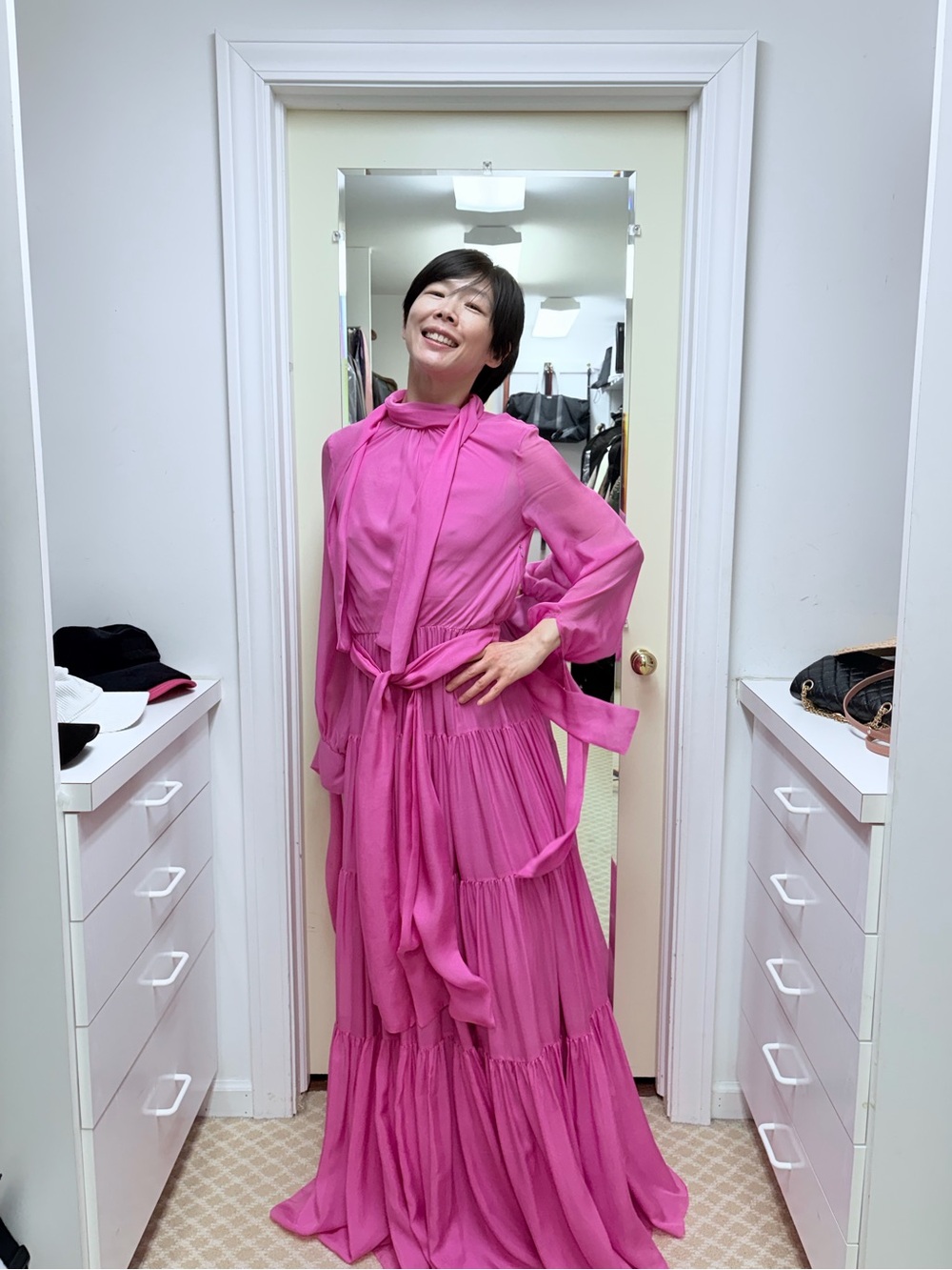 NWOT CH Carolina Herrera Hot Pink Belted Silk Maxi Dress, Size S
